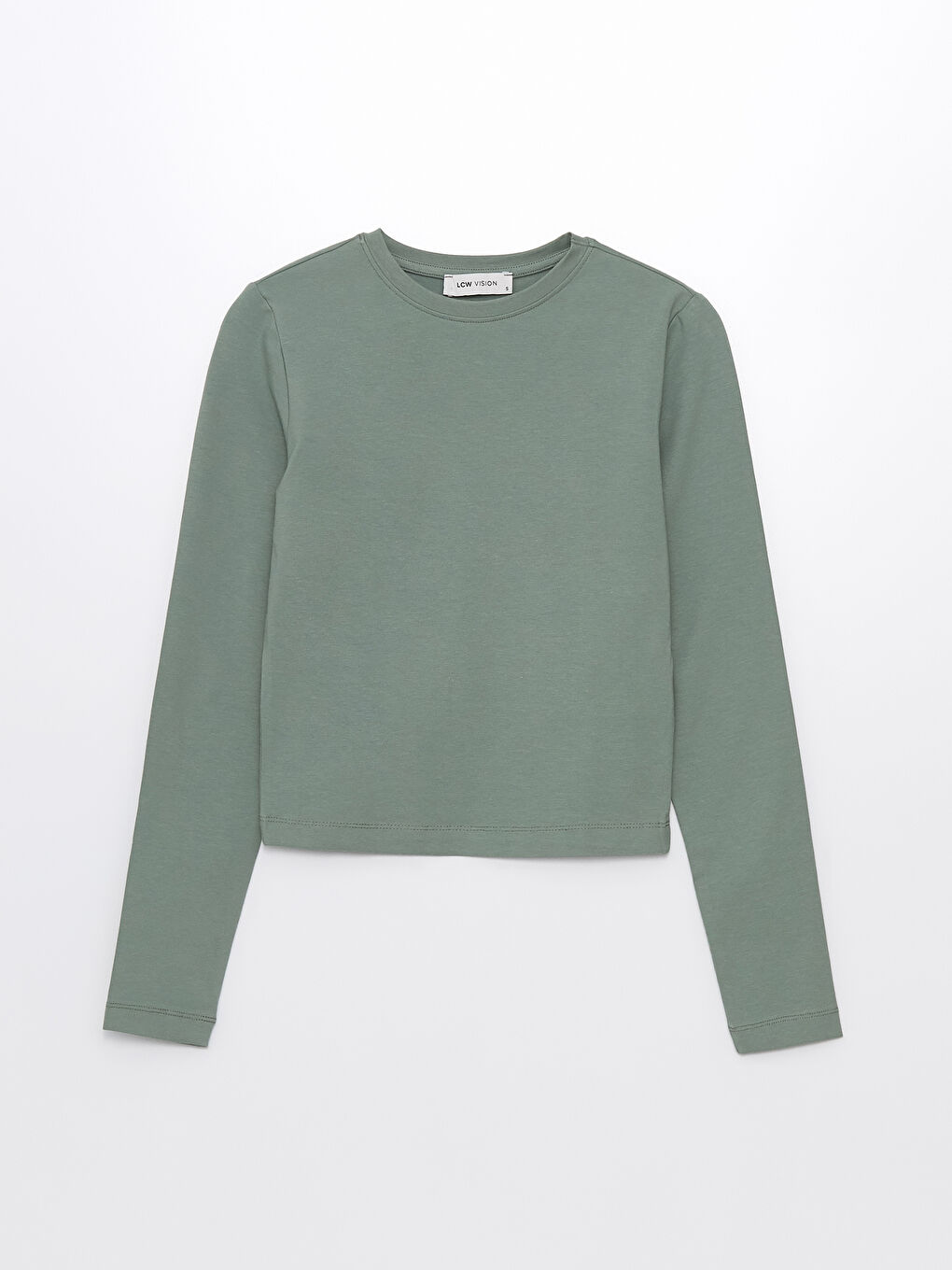 Haki Bisiklet Yaka Düz Uzun Kollu Kadın Tişört-4