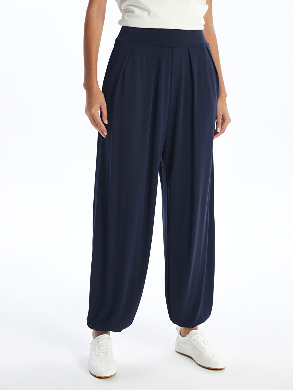 Lacivert Beli Lastikli Rahat Kalıp Kadın Pantolon-3
