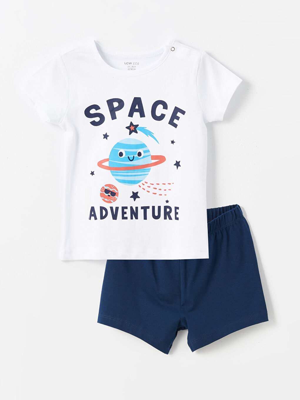 Beyaz Bisiklet Yaka Baskılı Kısa Kollu Erkek Bebek Şortlu Pijama Takımı