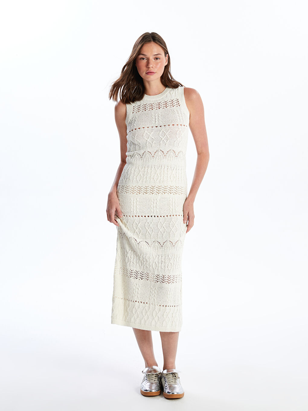 Crew Neck Self-Patterned Embroidery Women's Bodycon Dress -S4L511Z8-YHZ