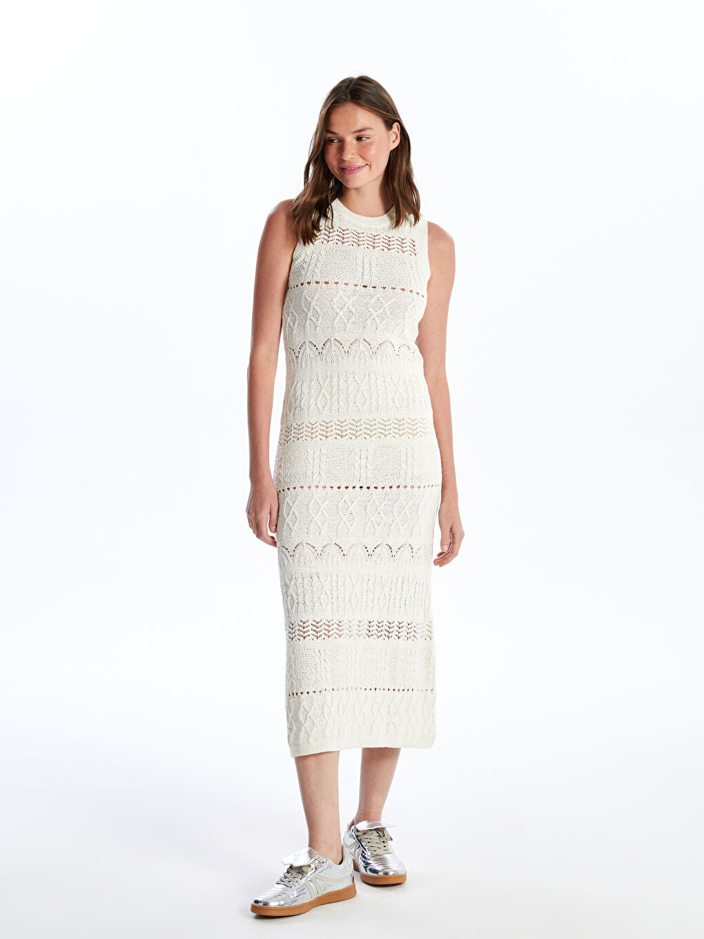 Crew Neck Self-Patterned Embroidery Women's Bodycon Dress -S4L511Z8-YHZ