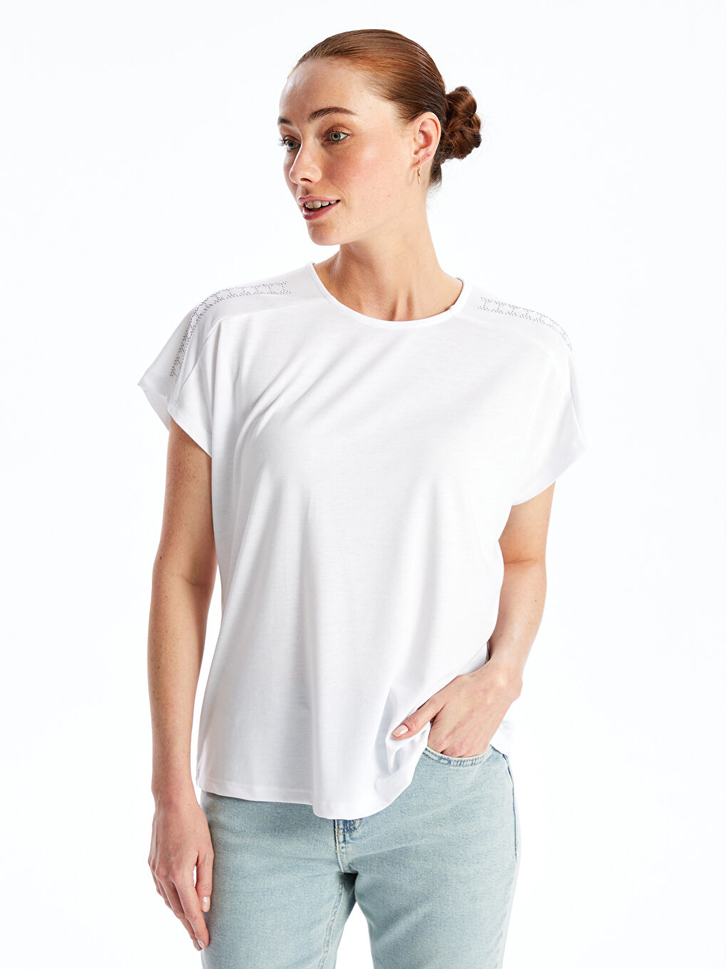Crew Neck Shiny Stone Printed Short Sleeve Women's Blouse -S4L612Z8-R9J