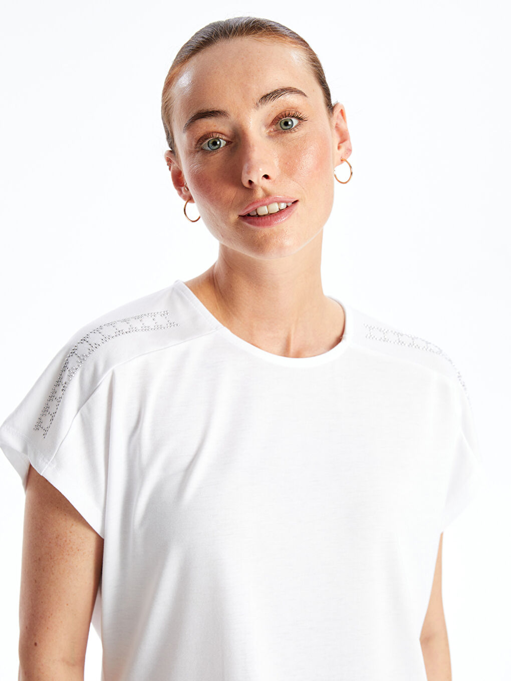 Crew Neck Shiny Stone Printed Short Sleeve Women's Blouse -S4L612Z8-R9J
