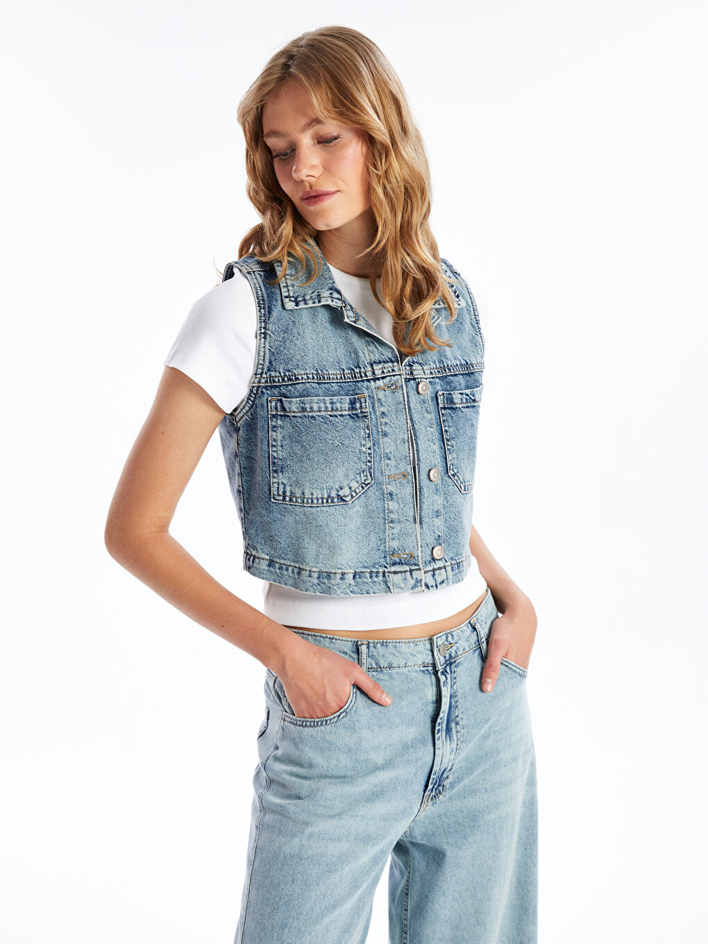 İndigo Gömlek Yaka Düz Crop Kadın Jean Yelek-1