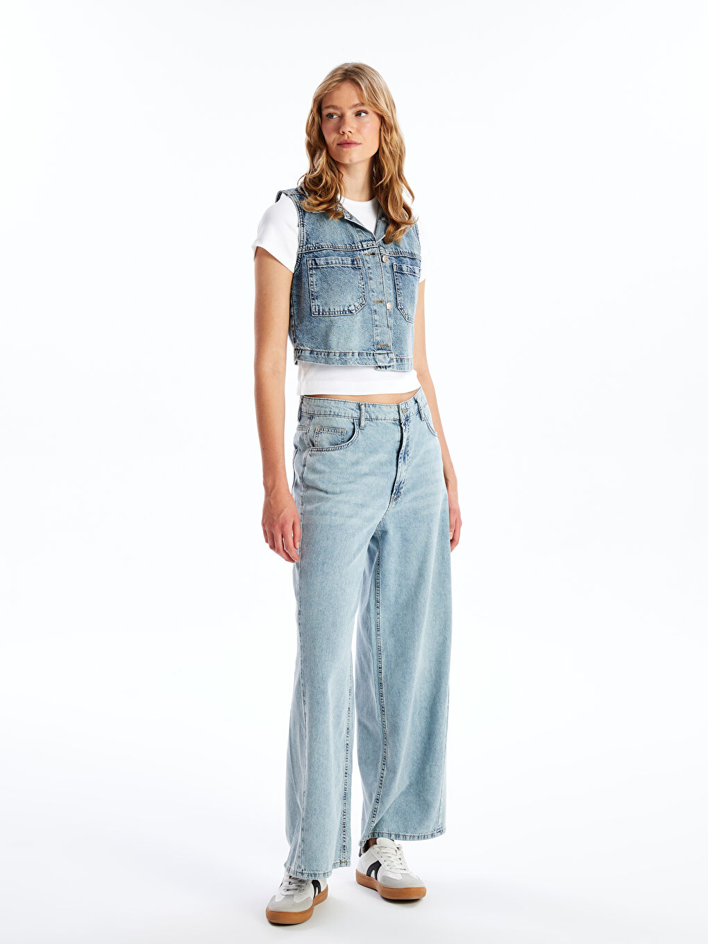 İndigo Gömlek Yaka Düz Crop Kadın Jean Yelek-2