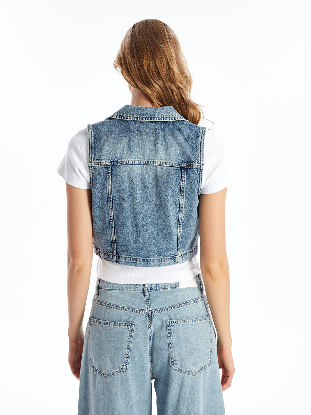 İndigo Gömlek Yaka Düz Crop Kadın Jean Yelek-4