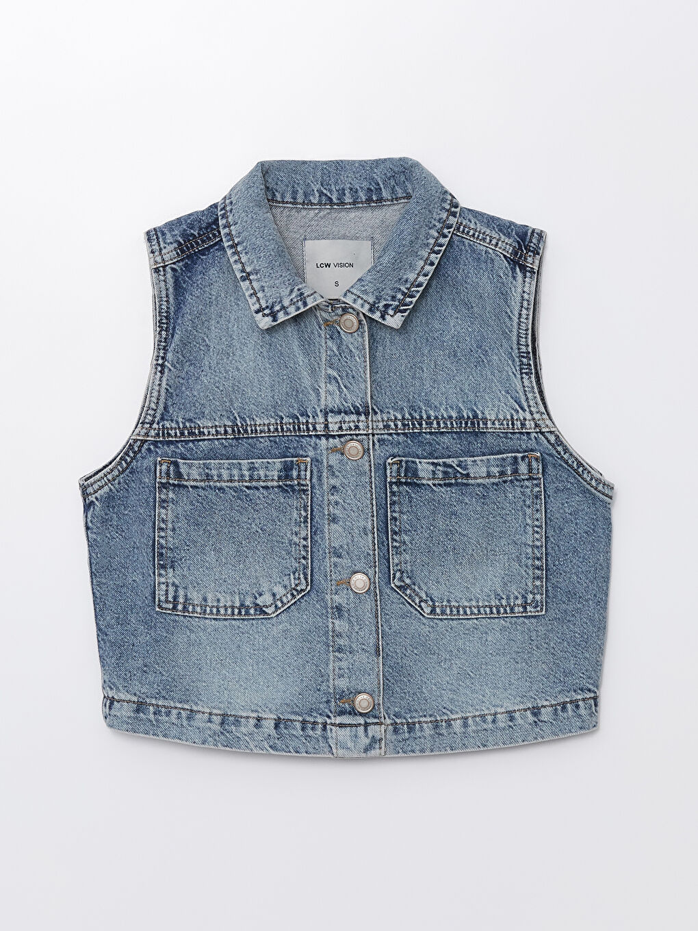 İndigo Gömlek Yaka Düz Crop Kadın Jean Yelek-5