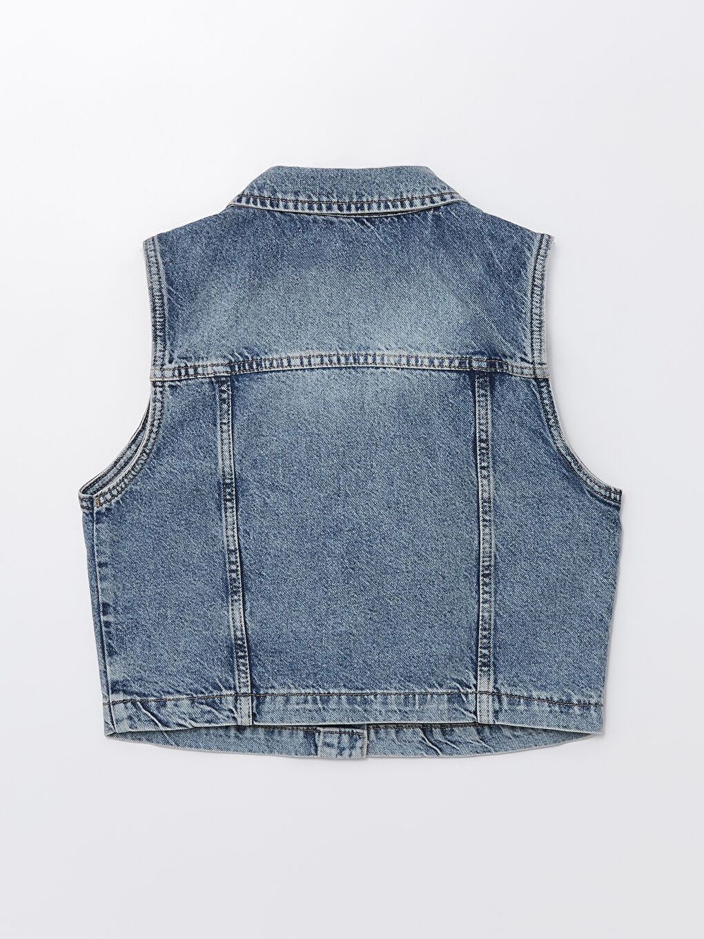 İndigo Gömlek Yaka Düz Crop Kadın Jean Yelek-6