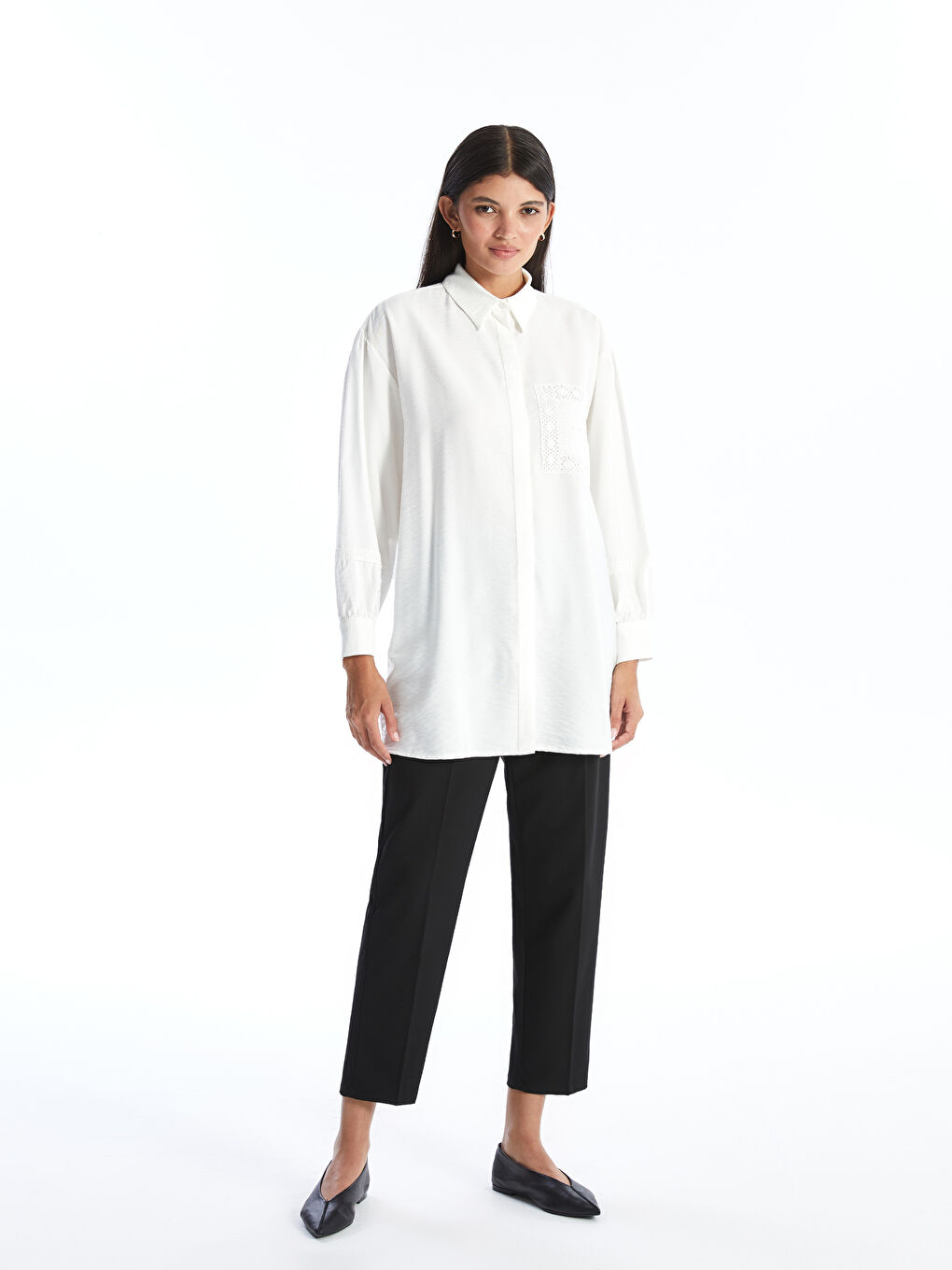 Ekru Düz Oversize Kadın Gömlek Tunik-2