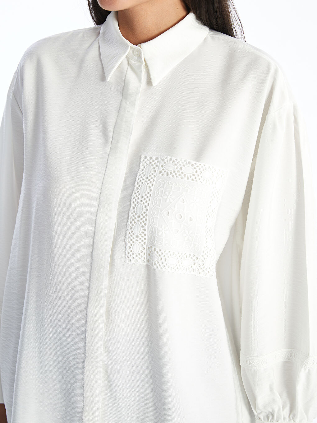 Ekru Düz Oversize Kadın Gömlek Tunik-3