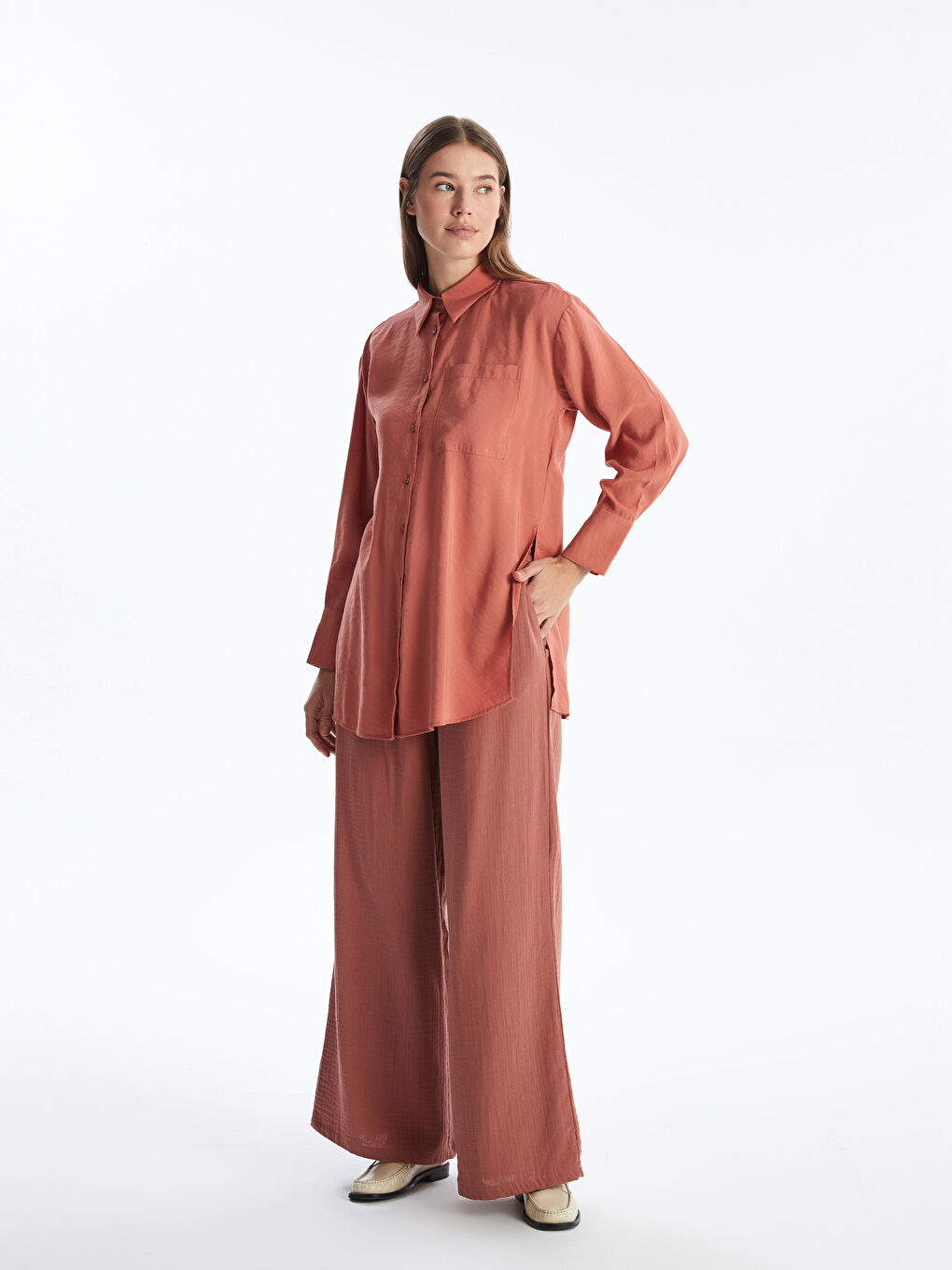 LCW Modest Pembe Düz Oversize Kadın Gömlek Tunik - 1