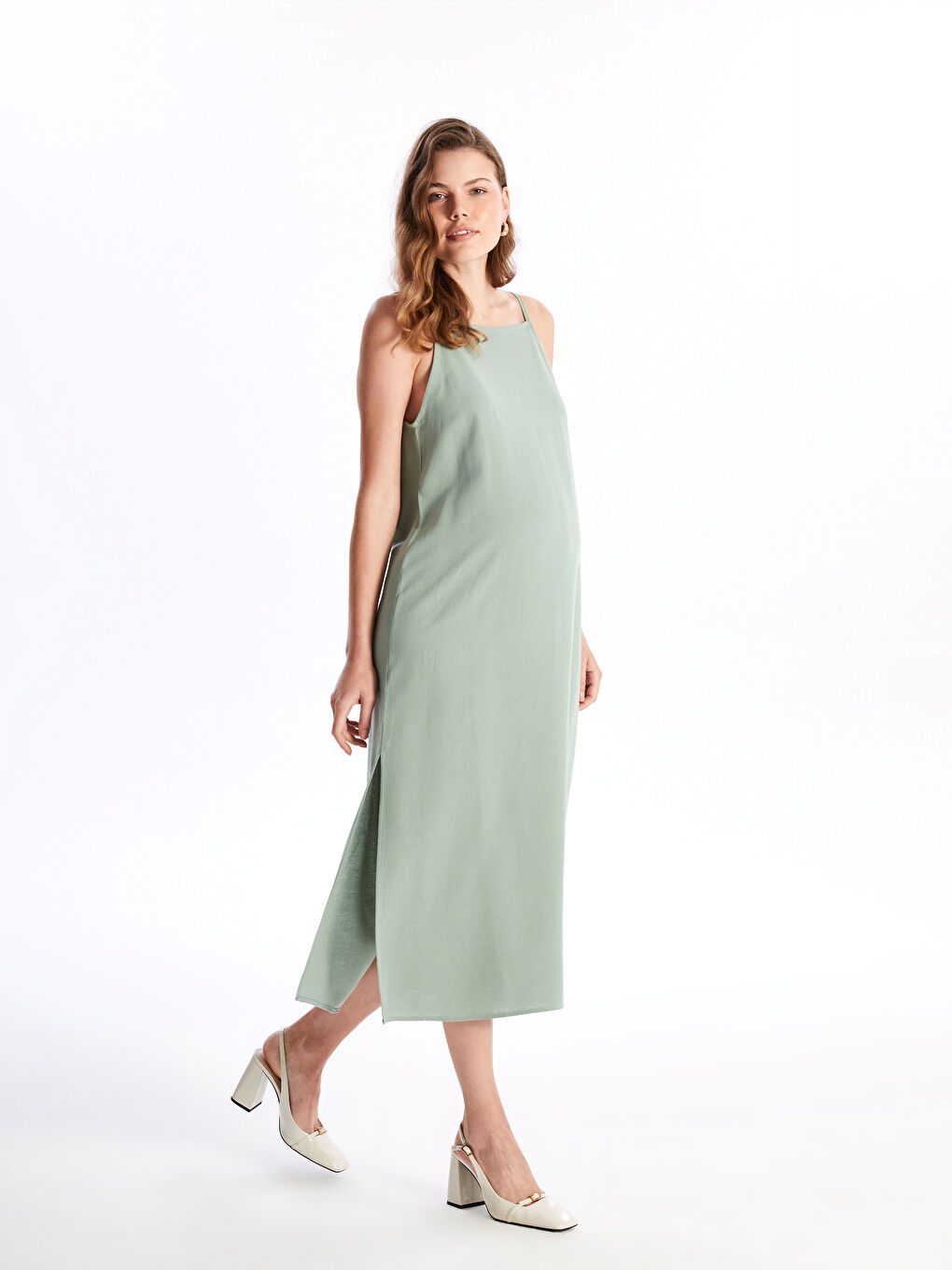 Square Neck Straight Strap Linen Blend Maternity Dress -S4L664Z8-GPP
