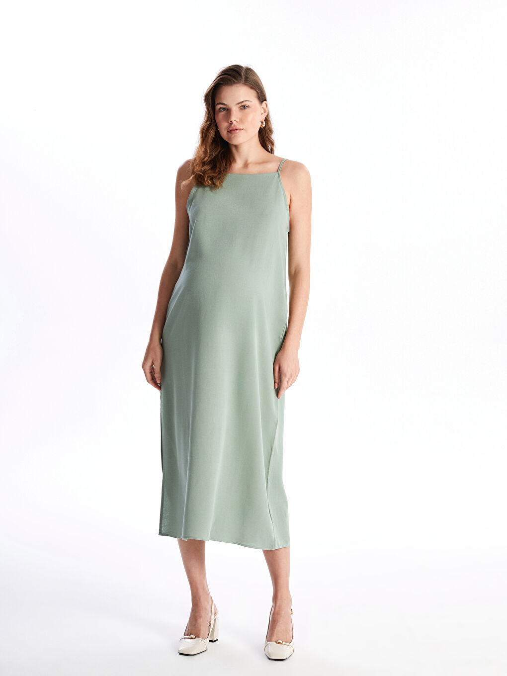 Square Neck Straight Strap Linen Blend Maternity Dress -S4L664Z8-GPP
