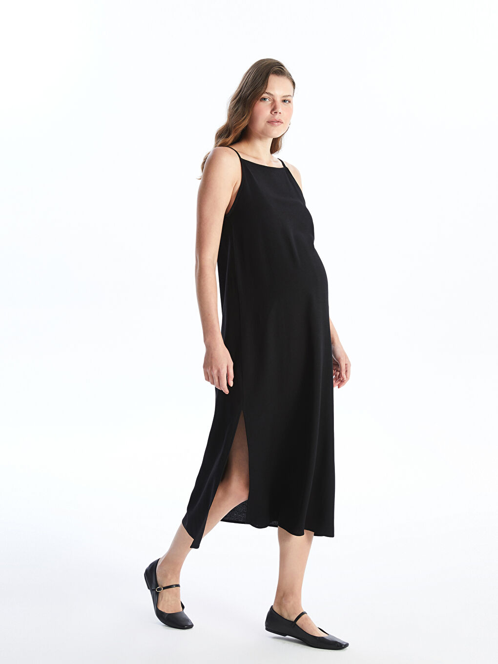 Square Collar Plain Strappy Linen Blend Maternity Dress -S4L664Z8-CVL