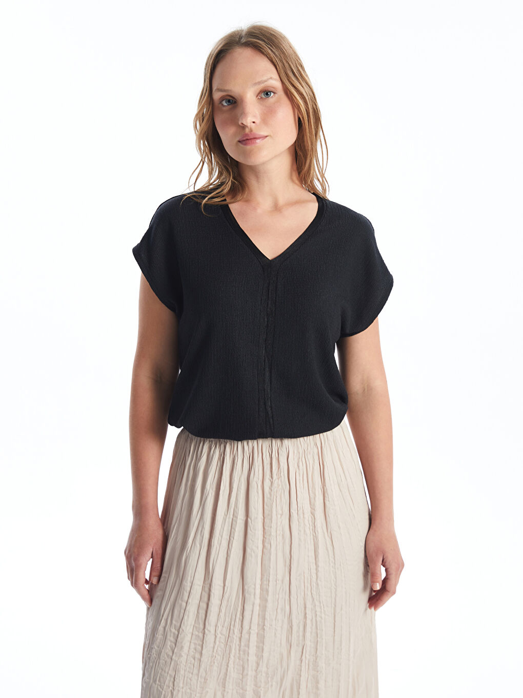 V Neck Straight Short Sleeve Women Blouse -S4L677Z8-CVL