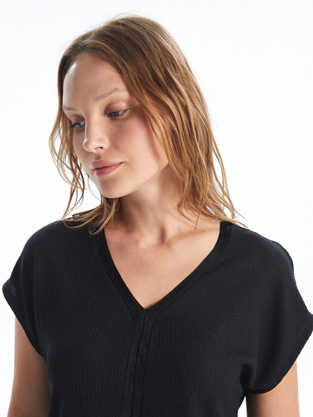 V Neck Straight Short Sleeve Women Blouse -S4L677Z8-CVL