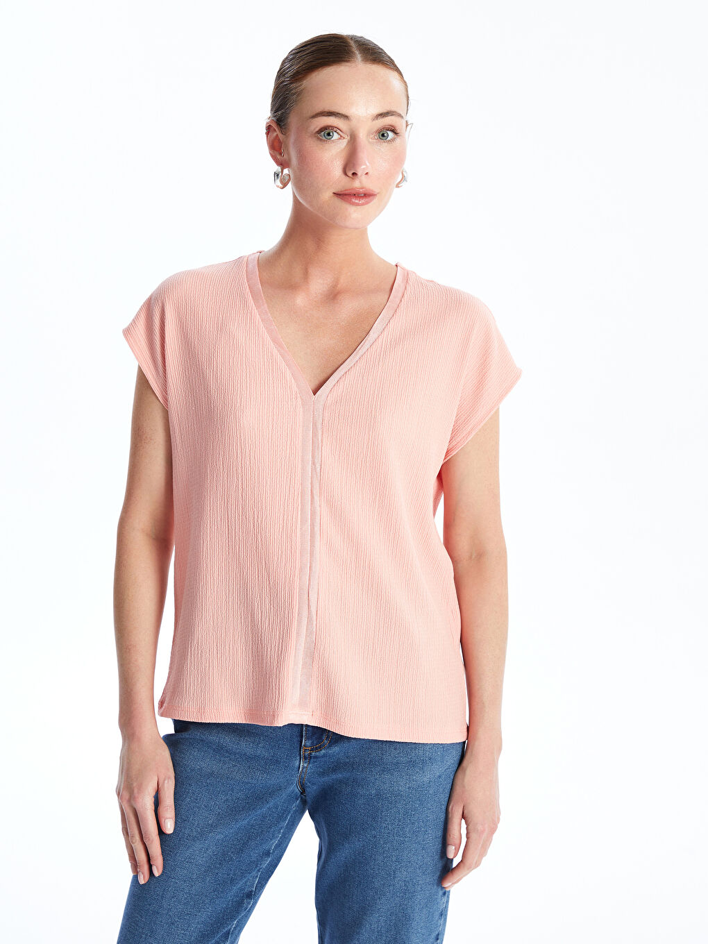V Neck Straight Short Sleeve Women Blouse -S4L677Z8-G6K