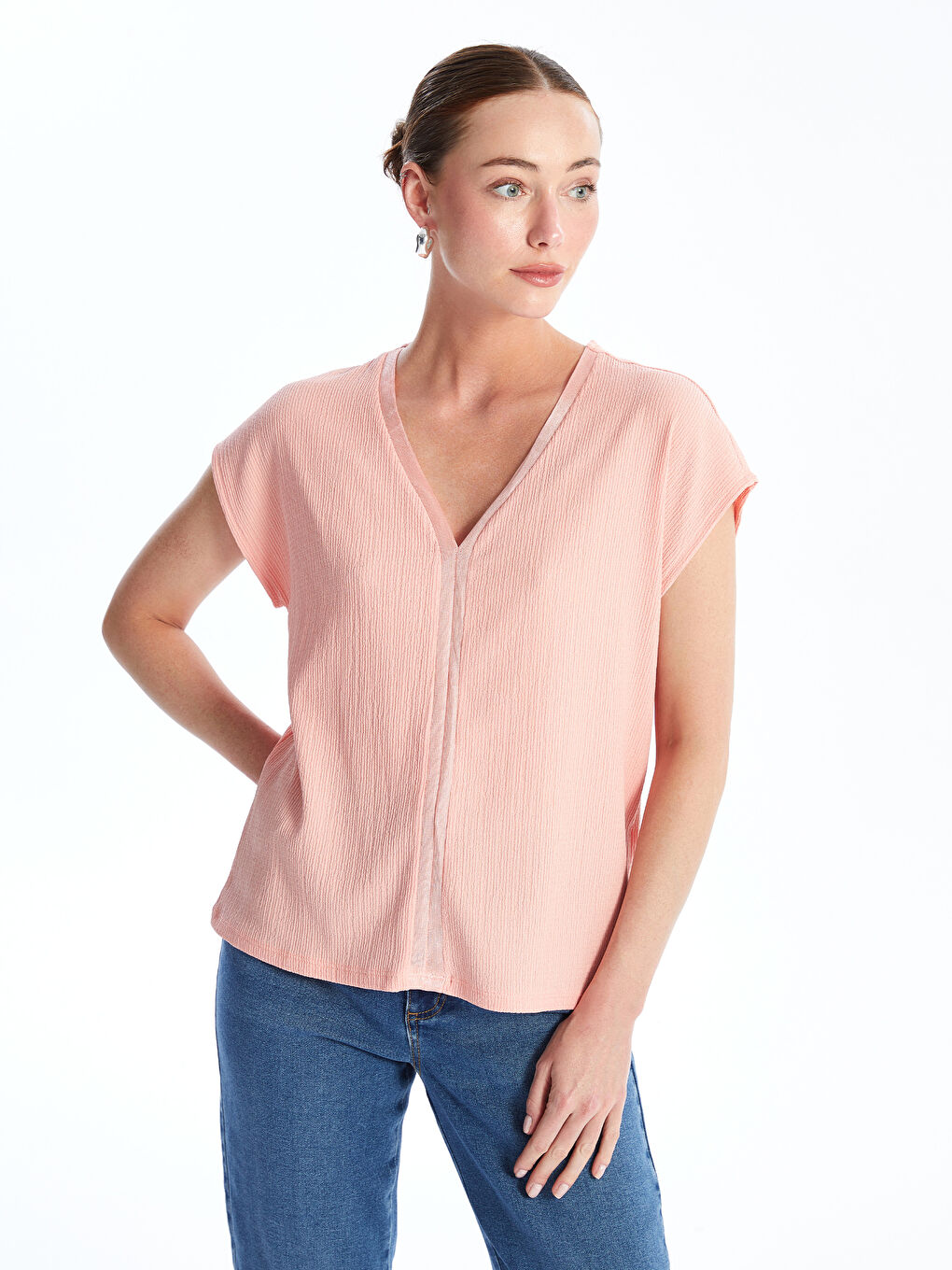 V Neck Straight Short Sleeve Women Blouse -S4L677Z8-G6K