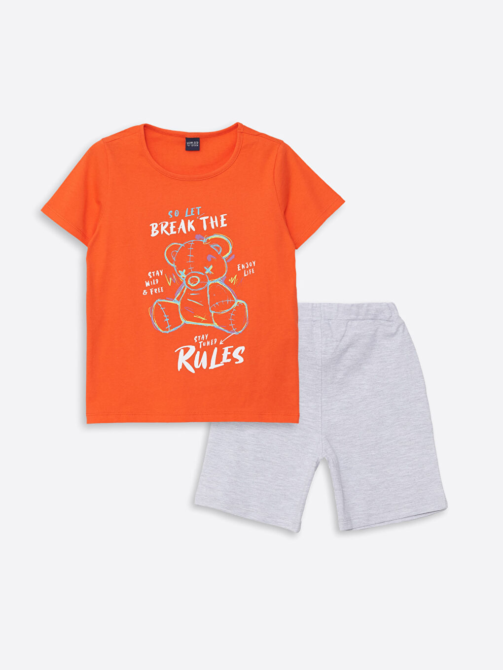 Turuncu Bisiklet Yaka Baskılı Kısa Kollu Erkek Çocuk Tişört ve Şort