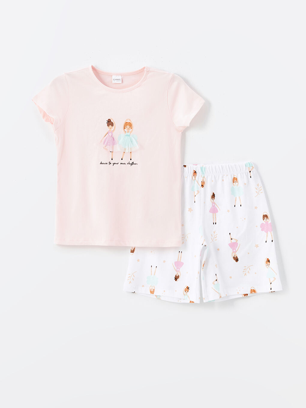 LCW Kids Açık Pembe Bisiklet Yaka Baskılı Kısa Kollu Kız Çocuk Şortlu Pijama Takımı