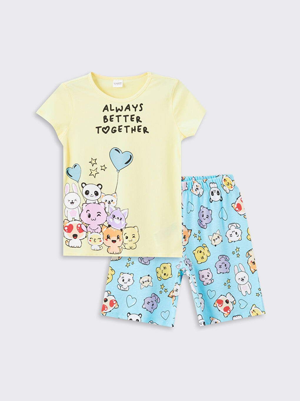 Crew Neck Printed Short Sleeve Girls' Pyjama Set with Shorts -S4L796Z4-FDS