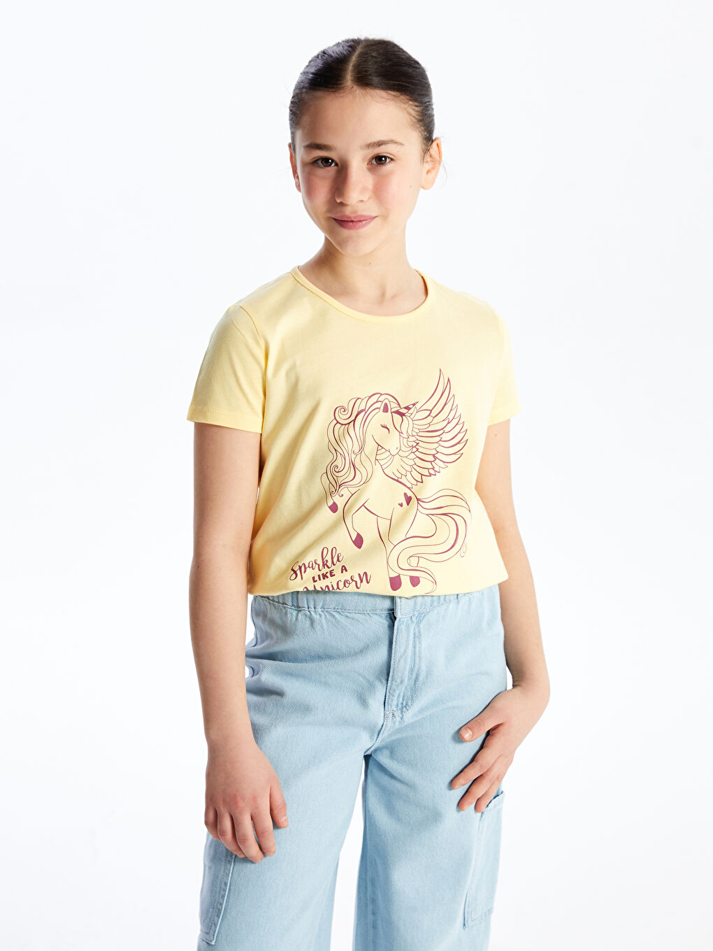 Sarı Bisiklet Yaka Baskılı Kısa Kollu Kız Çocuk Tişört