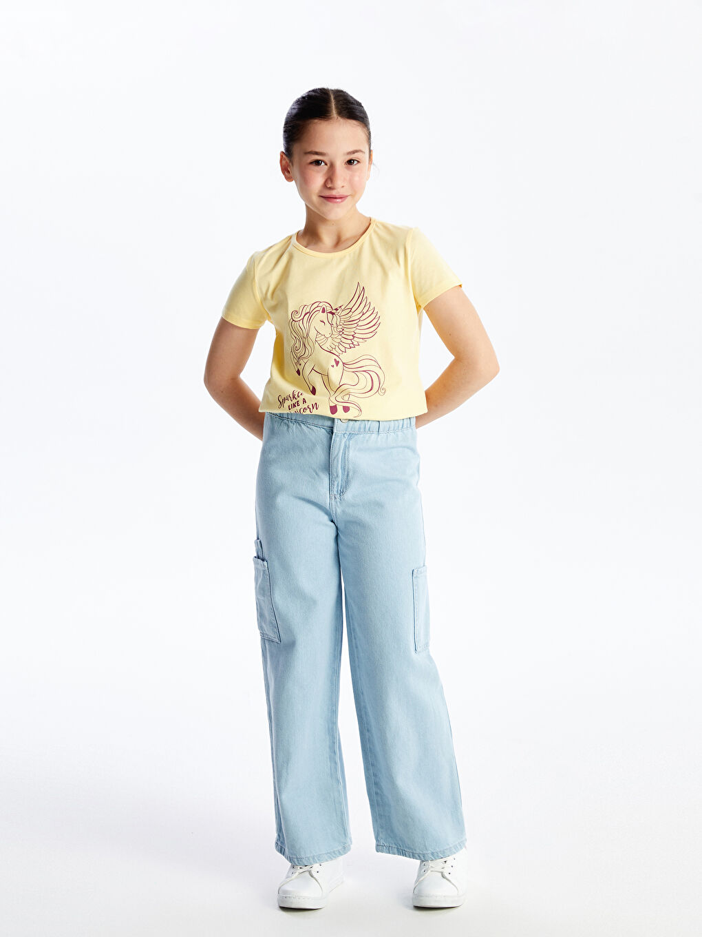 Sarı Bisiklet Yaka Baskılı Kısa Kollu Kız Çocuk Tişört-1