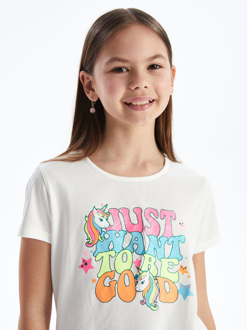 Ekru Bisiklet Yaka Baskılı Kısa Kollu Kız Çocuk Tişört