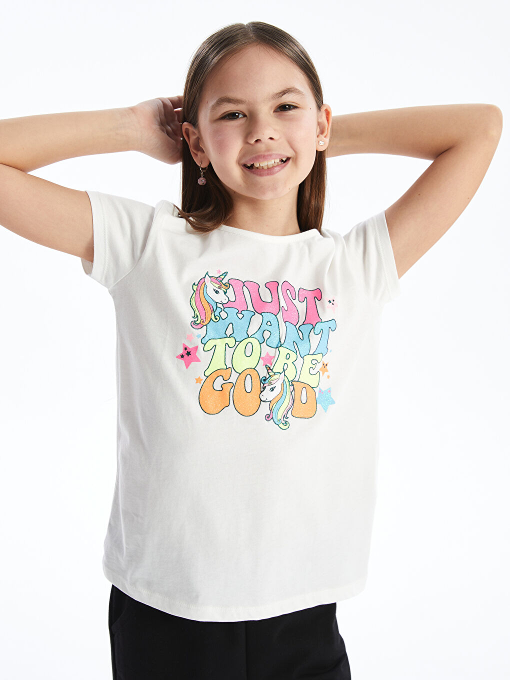 Ekru Bisiklet Yaka Baskılı Kısa Kollu Kız Çocuk Tişört-1