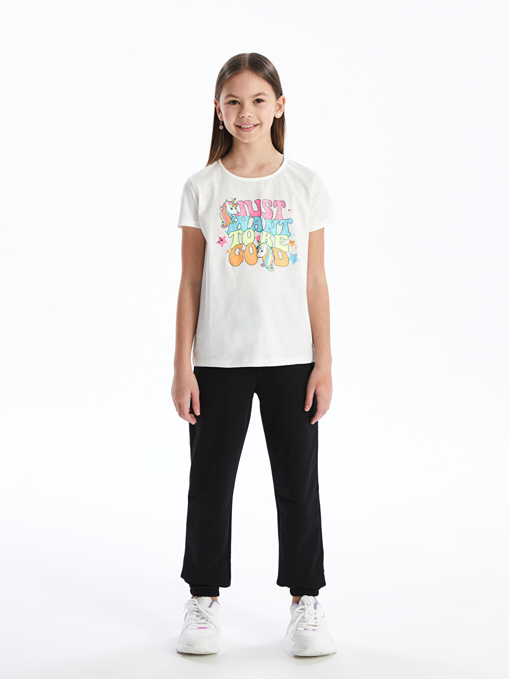 Ekru Bisiklet Yaka Baskılı Kısa Kollu Kız Çocuk Tişört-2