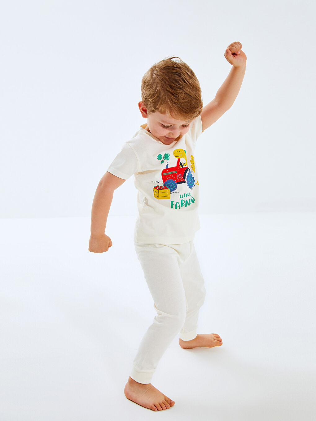 Ekru Bisiklet Yaka Baskılı Erkek Bebek Pijama Takım-1