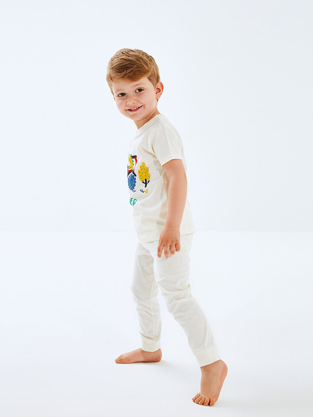 Ekru Bisiklet Yaka Baskılı Erkek Bebek Pijama Takım-2