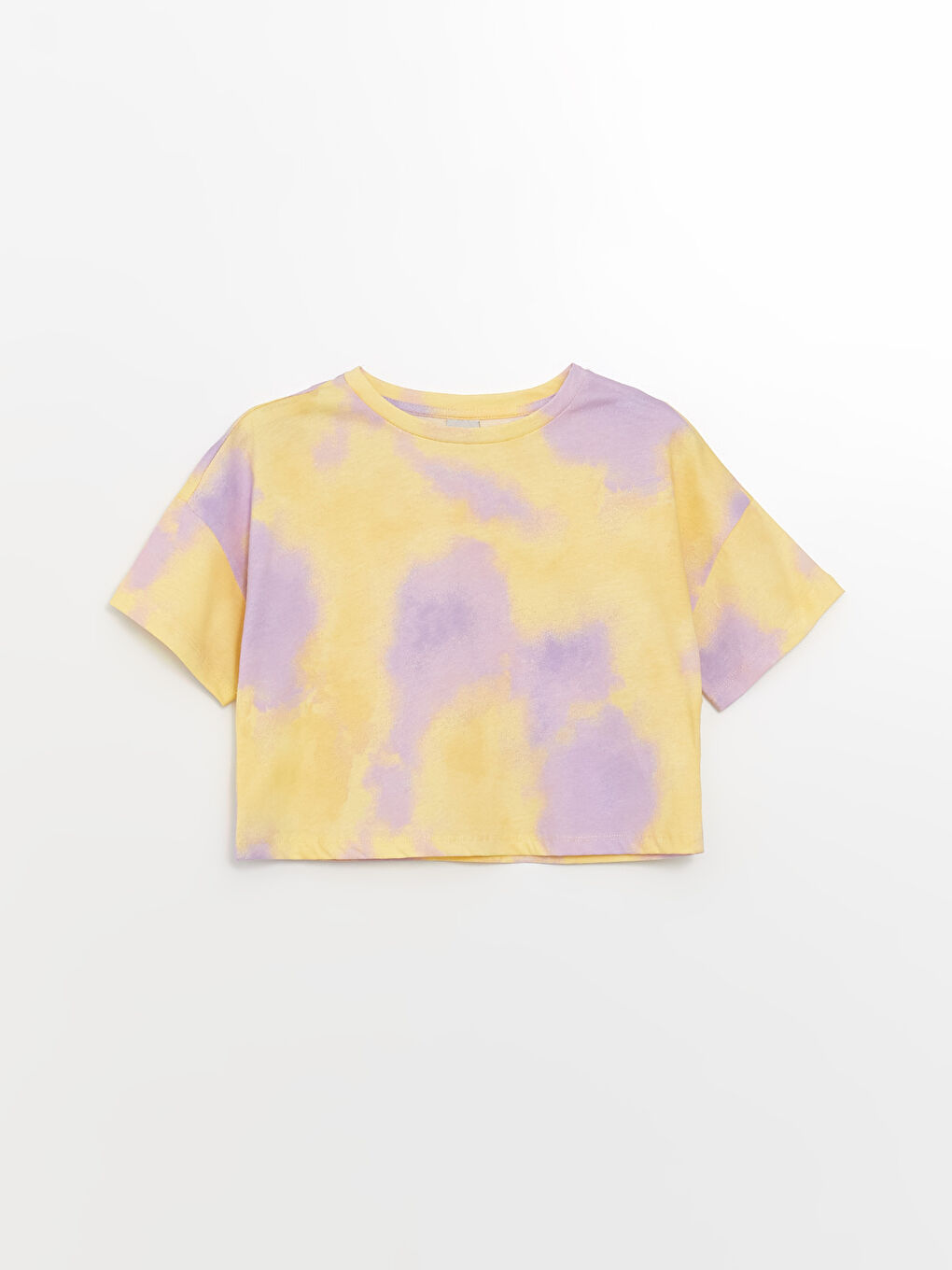 Ekru Bisiklet Yaka Batik Desenli Kısa Kollu Kız Çocuk Tişört