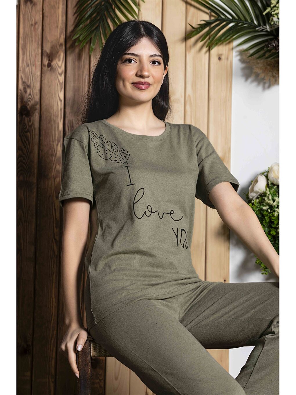 Yeşil Bisiklet Yaka Kadın Pijama Takım