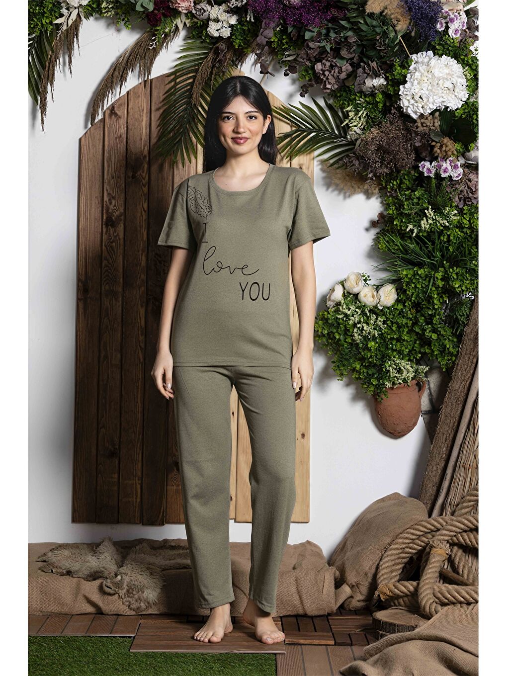 Yeşil Bisiklet Yaka Kadın Pijama Takım-1