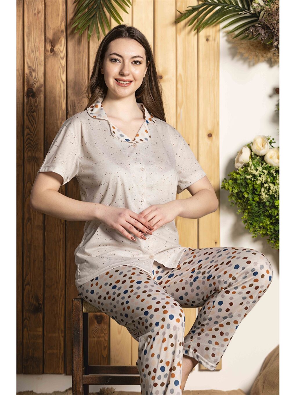 Bej Gömlek Yaka Kadın Pijama Takımı