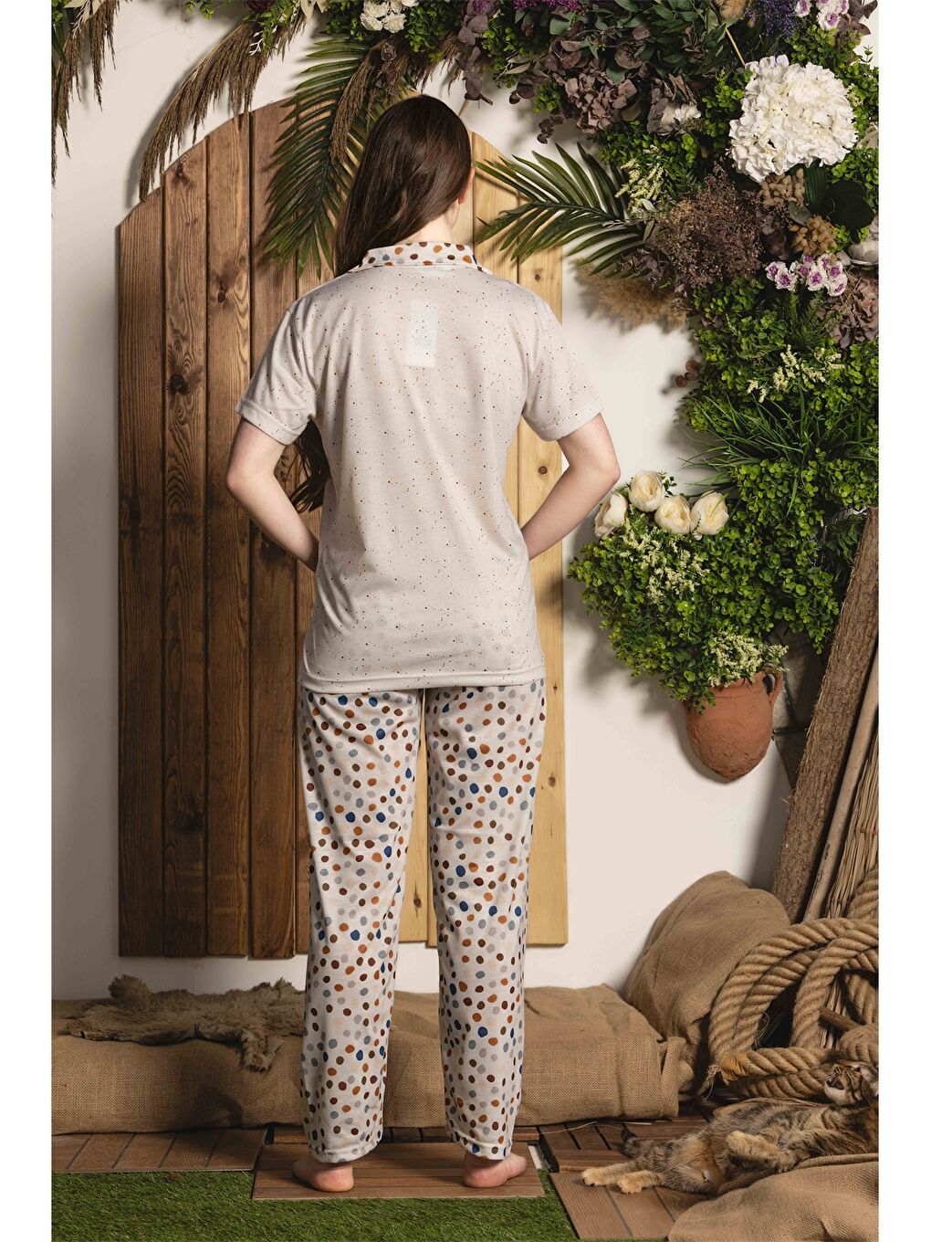 Bej Gömlek Yaka Kadın Pijama Takımı-2