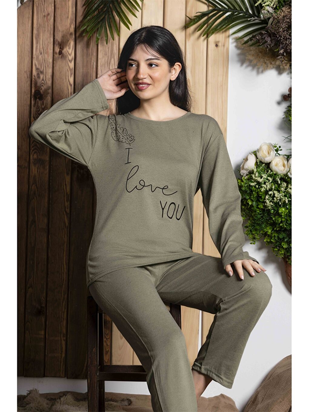 Yeşil Bisiklet Yaka Kadın Pijama Takım