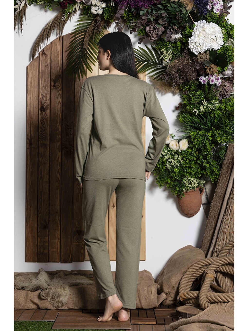 Yeşil Bisiklet Yaka Kadın Pijama Takım-2