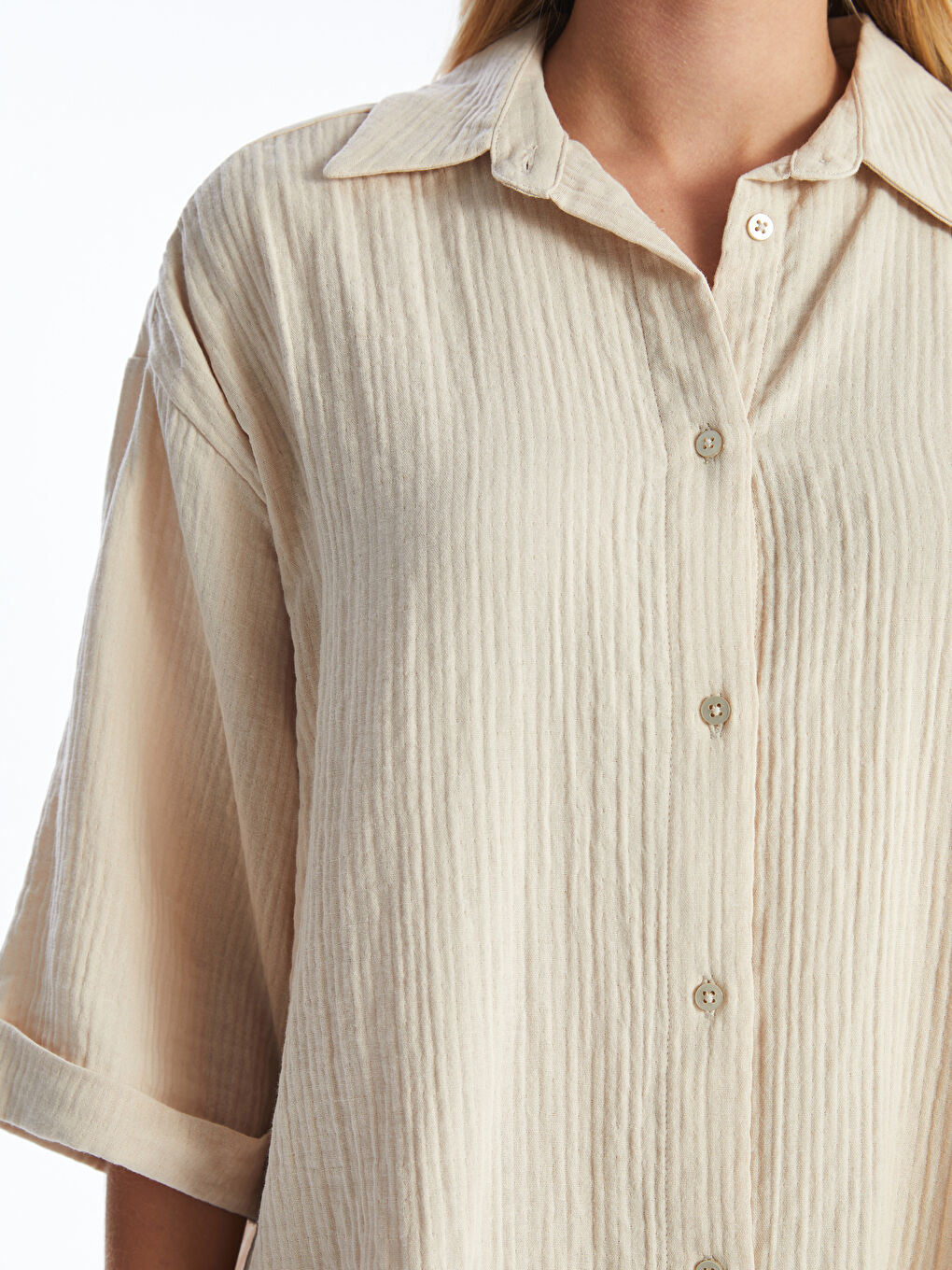 LCW Comfort Bej Düz Oversize Kadın Gömlek - 2