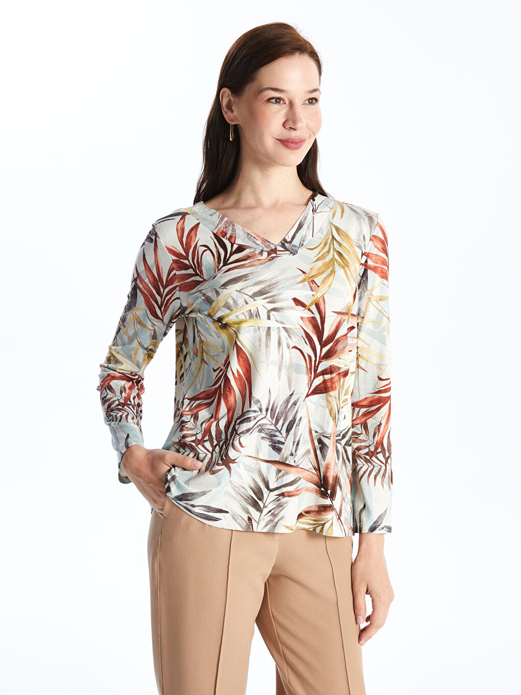 Women's V-Neck Floral Long Sleeve Blouse -S4LB59Z8-LQB