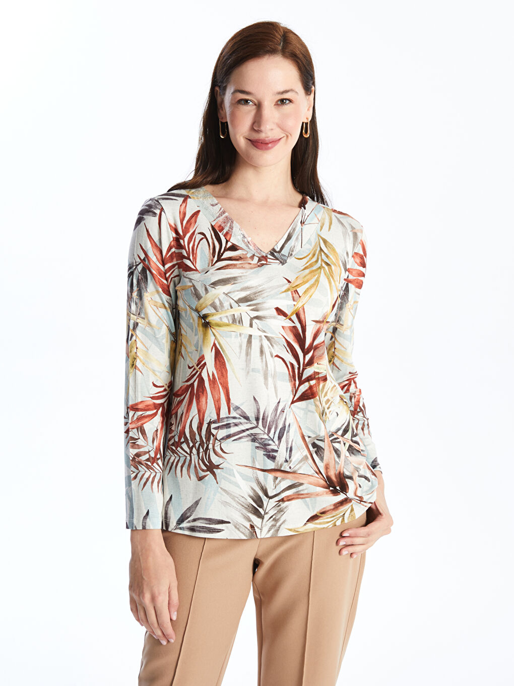 Women's V-Neck Floral Long Sleeve Blouse -S4LB59Z8-LQB