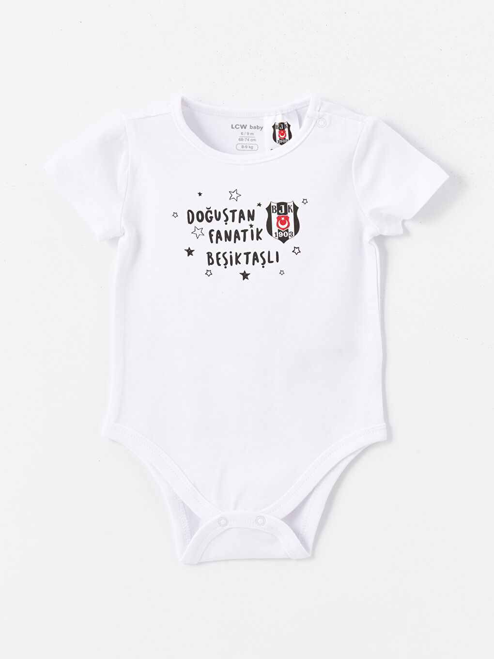 LCW baby Ekru Bisiklet Yaka Kısa Kollu Beşiktaş Baskılı Erkek Bebek Çıtçıtlı Body ve Pantolon 2'li Takım - 1