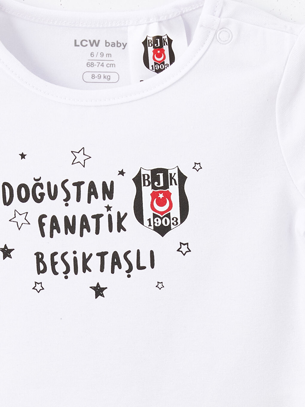 LCW baby Ekru Bisiklet Yaka Kısa Kollu Beşiktaş Baskılı Erkek Bebek Çıtçıtlı Body ve Pantolon 2'li Takım - 5