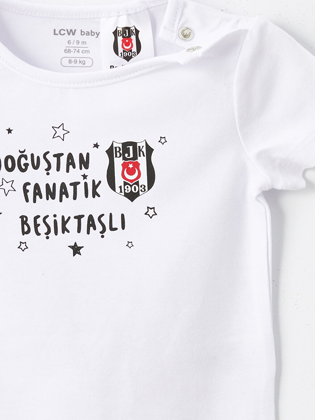 LCW baby Ekru Bisiklet Yaka Kısa Kollu Beşiktaş Baskılı Erkek Bebek Çıtçıtlı Body ve Pantolon 2'li Takım - 6