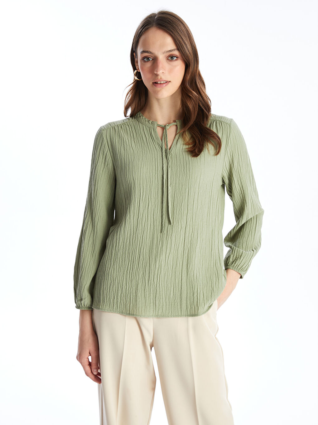 Tie Collar Straight Long Sleeve Women Blouse -S4LD17Z8-GDM