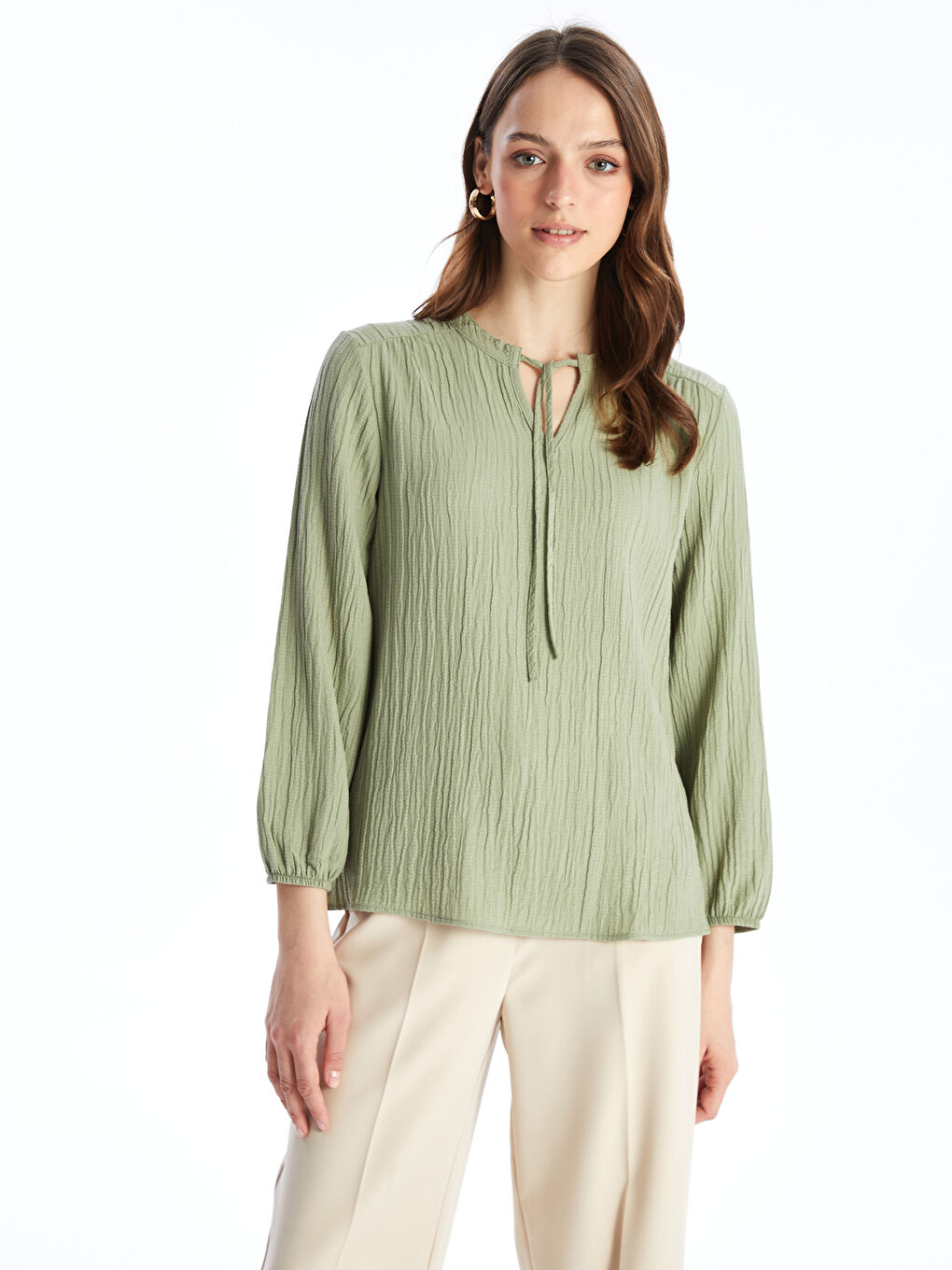Tie Collar Straight Long Sleeve Women Blouse -S4LD17Z8-GDM