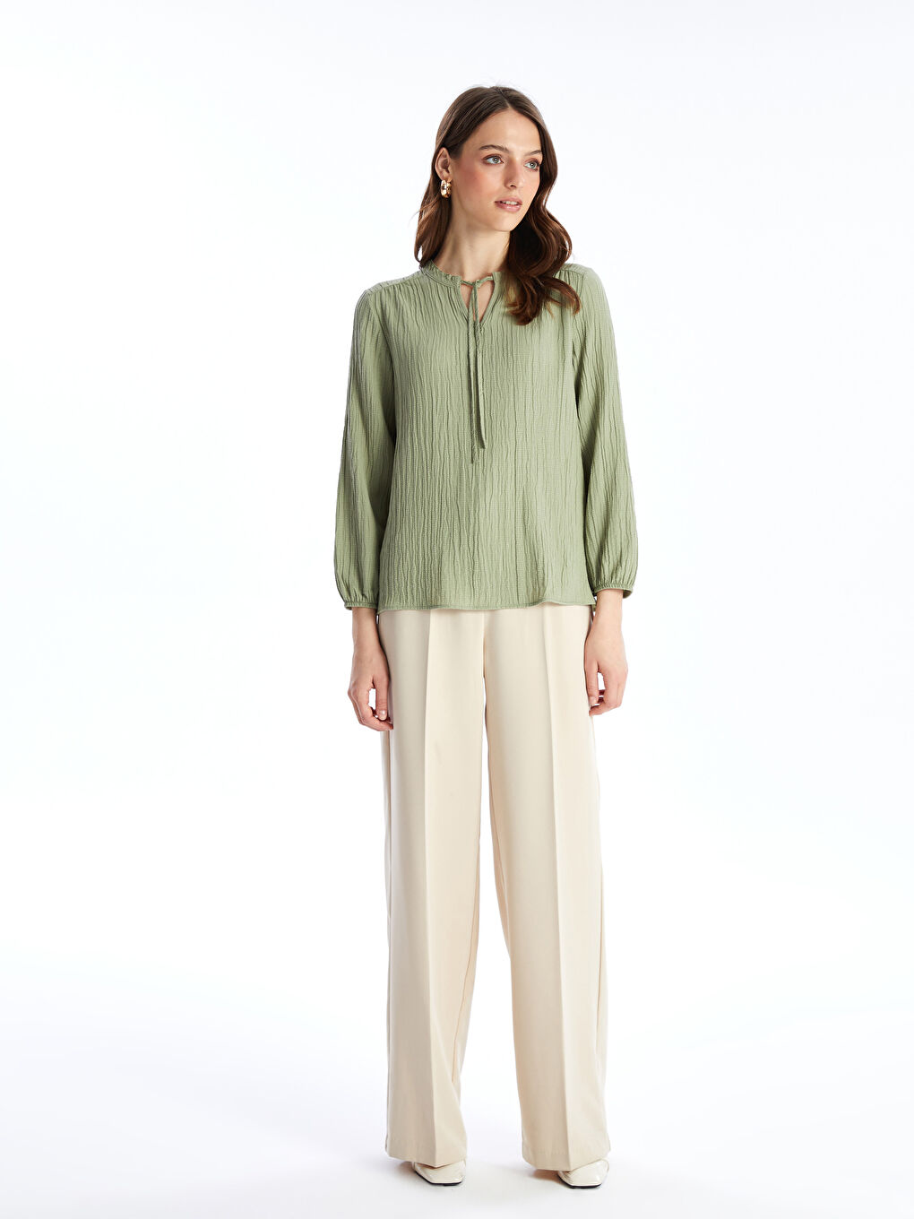 Tie Collar Straight Long Sleeve Women Blouse -S4LD17Z8-GDM