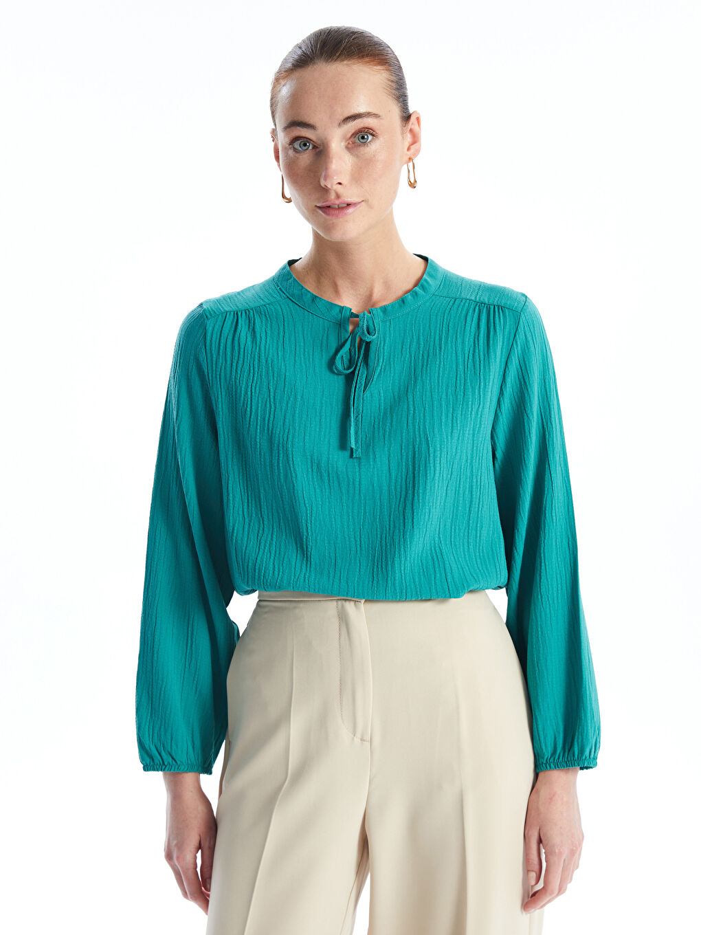 Tie Collar Straight Long Sleeve Women Blouse -S4LD17Z8-GHD