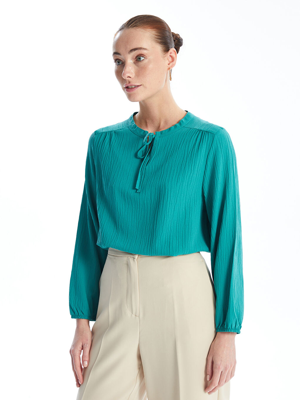 Tie Collar Straight Long Sleeve Women Blouse -S4LD17Z8-GHD
